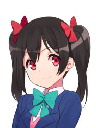 Rule 34 | &gt;:), 10s, 1girl, black hair, blazer, bow, bowtie, green bow, green bowtie, hair bow, jacket, love live!, love live! school idol project, red bow, red eyes, school uniform, simple background, smile, solo, ssberit, twintails, upper body, v-shaped eyebrows, white background, yazawa nico