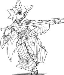 Rule 34 | 1girl, animal ear fluff, animal ears, arm up, broom, female focus, flat chest, fox ears, fox girl, fox tail, full body, greyscale, hakama, hand up, highres, holding, holding broom, japanese clothes, kame (3t), kimono, leg up, long sleeves, looking to the side, miko, monochrome, obi, open mouth, original, outstretched arm, sandals, sash, short hair, sidelocks, simple background, sketch, solo, standing, standing on one leg, swept bangs, tail, white background, wide sleeves, yhun-chan (kame (3t)), zouri