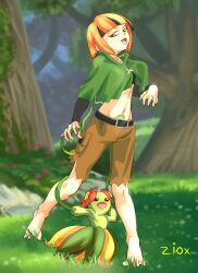 Rule 34 | 1girl, 1other, absurdres, barefoot, bellossom, blurry, blurry background, creatures (company), feet, full body, game freak, gardenia (pokemon), gen 2 pokemon, grass, highres, navel, nintendo, open mouth, orange hair, outdoors, plant, pokemon, pokemon (creature), pokemon dppt, red eyes, short hair, sidelocks, smile, standing, tentacles, thighs, toes, tree, vines, ziox