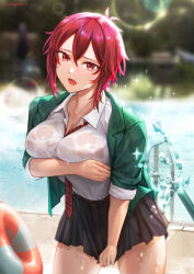 Rule 34 | 1girl, absurdres, aizawa tomo, artist name, between breasts, blurry, blurry background, breasts, fang, highres, large breasts, looking at viewer, open mouth, pool, red eyes, red hair, senegalus c, skirt, solo, tomo-chan wa onna no ko, uniform, water, wet, wet clothes