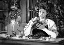 Rule 34 | 1boy, apron, book, bookshelf, candle, chair, closed mouth, collared shirt, greyscale, hands up, highres, holding, holding mask, holding paintbrush, indoors, inkwell, jaddddan, looking at object, male focus, mask, monochrome, original, paintbrush, painting (action), scroll, shirt, short hair, sitting, solo, upper body, very short hair, workshop