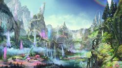 Rule 34 | blue sky, bridge, building, crystal, day, fantasy, final fantasy, final fantasy xiv, highres, in-universe location, landscape, mountain, nature, no humans, official art, outdoors, rainbow, scenery, sky, tree, water, waterfall, watermark