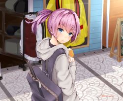 Rule 34 | 1girl, backpack, bad id, bad pixiv id, bag, blue eyes, blush, cannon, casual, croquette, day, food, food on face, from behind, from side, hair intakes, hood, hoodie, kantai collection, looking at viewer, looking back, narushima kanna, official alternate costume, outdoors, pink hair, ponytail, shiranui (kancolle), solo, twitter username