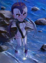 Rule 34 | 10s, 1girl, beach, black hair, blush, boots, breasts, embarrassed, female focus, fuji takanasu, full-face blush, full body, hand up, headphones, highres, jacket, kemono friends, long hair, long sleeves, looking down, multicolored clothes, multicolored jacket, ocean, open mouth, outdoors, peeing, peeing self, purple footwear, red eyes, rock, royal penguin (kemono friends), sand, shirt tug, small breasts, solo, standing, sweat, thighhighs, white hair, white thighhighs