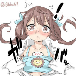 Rule 34 | !, 10s, 1girl, ^^^, animal print, asagumo (kancolle), bad id, bad twitter id, blue bra, blue ribbon, blush, bra, brown eyes, brown hair, collarbone, ebifurya, eyebrows, hair ribbon, highres, inactive account, kantai collection, lion, long hair, long sleeves, looking at viewer, motion lines, open clothes, open shirt, parted lips, pov, pov hands, ribbon, shirt, simple background, solo focus, speech bubble, spoken blush, sweatdrop, twintails, twitter username, underwear, upper body, white background
