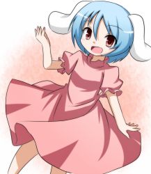 Rule 34 | 1girl, animal ears, blue hair, cosplay, dress, gradient background, hand up, inaba tewi, inaba tewi (cosplay), looking at viewer, open mouth, pink background, pink dress, puffy short sleeves, puffy sleeves, rabbit ears, red eyes, reisen, short hair, short sleeves, solo, ten203159, touhou