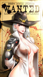 Rule 34 | 1girl, armor, arms behind back, ashe (overwatch), asymmetrical hair, bad id, bad pixiv id, bound, bound arms, breasts, covered erect nipples, cowboy hat, earrings, eyeliner, eyeshadow, hair over one eye, hat, highres, jazz jack, jewelry, lipstick, looking at viewer, makeup, medium breasts, mole, mole above mouth, navel, no bra, no panties, open clothes, open shirt, out-of-frame censoring, overwatch, overwatch 1, pauldrons, popped collar, red eyes, red lips, rope, short hair, shoulder armor, signature, single pauldron, skull earrings, solo, wanted, white hair