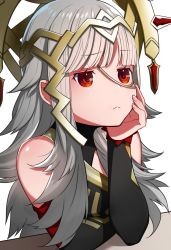 Rule 34 | 1girl, bad id, bad twitter id, closed mouth, crown, fire emblem, fire emblem heroes, frown, grey hair, hand on own face, highres, long hair, nintendo, red eyes, ringozaka mariko, simple background, solo, veronica (fire emblem), white background