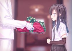 Rule 34 | 1boy, 1girl, :o, admiral (kancolle), arm warmers, asashio (kancolle), black hair, black skirt, blue eyes, blurry, blurry background, blush, breasts, from side, gift, gloves, gotou hisashi, holding, holding gift, indoors, kantai collection, long hair, long sleeves, open mouth, out of frame, pleated skirt, school uniform, shirt, short sleeves, skirt, small breasts, suspender skirt, suspenders, white gloves, white shirt