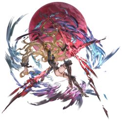Rule 34 | blonde hair, bodysuit, boots, breasts, center opening, claw (weapon), cleavage, curly hair, glowing, glowing eye, granblue fantasy, high heel boots, high heels, large breasts, long hair, looking at viewer, mask, minaba hideo, official art, predator (granblue fantasy), solo, transparent background, weapon