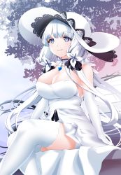 Rule 34 | 1girl, azur lane, backless dress, backless outfit, bare shoulders, blue eyes, blue gemstone, breasts, cleavage, detached collar, dress, elbow gloves, from below, gem, gloves, hat, highres, huge breasts, illustrious (azur lane), lace-trimmed headwear, lace trim, long hair, sleeveless, smile, solo, strapless, strapless dress, sun hat, thighhighs, tri tails, white dress, white gloves, white hat, white thighhighs, winterfall (artenh)