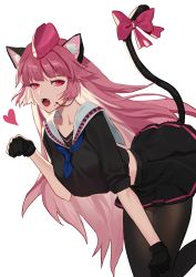 Rule 34 | 1girl, :o, android, animal ear fluff, animal ears, black gloves, black pantyhose, black serafuku, black skirt, blue neckerchief, blush, cat ears, cat tail, dutch angle, fangs, garrison cap, girls&#039; frontline, gloves, hat, heart, highres, long hair, looking at viewer, microphone, neckerchief, ntw-20 (girls&#039; frontline), open mouth, pantyhose, paw pose, pink hair, pink ribbon, pleated skirt, red eyes, resolution mismatch, ribbon, sailor collar, school uniform, serafuku, simple background, skirt, slit pupils, sobi (dnenqkswja), solo, source larger, tail, tail ornament, tail ribbon, very long hair, white background