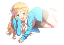 Rule 34 | 1girl, :d, aqua eyes, backlighting, belt, blonde hair, blush, brown skirt, ellen baker, full body, hair down, hand on own cheek, hand on own face, jacket, long hair, long sleeves, lying, miniskirt, misumi (niku-kyu), new horizon, on side, open clothes, open jacket, open mouth, shirt, shoes, simple background, skirt, sleeves past wrists, smile, solo, wavy mouth, white background, white shirt