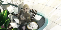 Rule 34 | 1girl, absurdres, animal, bad id, bad pixiv id, black cat, blonde hair, blurry, blurry foreground, candle, cat, coffee, cookie, denim, food, glasses, highres, holographic interface, jeans, light smile, maeda mic, medium hair, nail polish, no shoes, original, pants, plant, potted plant, sitting, white cat