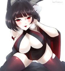 Rule 34 | 1girl, animal ears, azur lane, bare shoulders, black dress, black hair, breasts, center opening, cleavage, detached sleeves, dress, hand in own hair, hatte (bsrmkr), highres, kneeling, large breasts, looking at viewer, mask, mask on head, pale skin, red eyes, red thighhighs, short hair, simple background, skindentation, solo, thighhighs, torn clothes, torn thighhighs, white background, yamashiro (azur lane), yamashiro (meta) (azur lane)