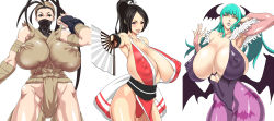 Rule 34 | 3girls, blush, breasts, brown eyes, brown hair, capcom, cleavage, covered erect nipples, female focus, green hair, hand fan, huge breasts, ibuki (street fighter), lips, long hair, morrigan aensland, multiple girls, nipples, no bra, ponytail, puffy nipples, see-through, shiranui mai, simple background, smile, snk, standing, street fighter, tetsu (suchiiru mania), the king of fighters, thighs, vampire (game), white background, yellow eyes