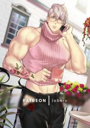 Rule 34 | 1boy, bara, bare arms, bare shoulders, black pants, blush, calling, covered erect nipples, feet out of frame, flower, glasses, groin, holding, holding phone, jouvru, large pectorals, lips, looking at viewer, male focus, midriff peek, muscular, muscular male, navel hair, original, outdoors, paid reward available, pants, pectorals, phone, pink flower, pink sweater, red flower, round eyewear, short hair, sideburns, sidepec, solo, stomach, sweater, talking on phone, turtleneck, veins, white hair
