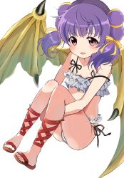Rule 34 | 1girl, absurdres, ankle lace-up, bare arms, bare shoulders, bikini, black ribbon, cross-laced clothes, cross-laced footwear, cross-laced legwear, dragon girl, dragon wings, fire emblem, fire emblem: the sacred stones, flat chest, frilled bikini, frills, full body, green wings, hair tie, highres, hugging own legs, knees, knees to chest, knees up, lace, light smile, long hair, looking at viewer, mashimaro tabetai, midriff, multi-tied hair, myrrh (fire emblem), nintendo, pale skin, parody, parted lips, purple hair, red eyes, ribbon, sandals, shin strap, shiny skin, solo, spaghetti strap, style parody, swimsuit, thighs, toeless footwear, toes, transparent background, twintails, white bikini, wings, yellow wings