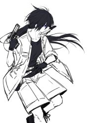 Rule 34 | 1boy, aged down, alternate hair length, alternate hairstyle, black hair, black undershirt, blue eyes, coat, commentary request, feet out of frame, gloves, greyscale, gun, holding, holding gun, holding weapon, knife in mouth, long hair, looking to the side, male focus, monochrome, original, partial commentary, ponytail, shorts, simple background, solo, spot color, very long hair, waka (shark waka), weapon, white background