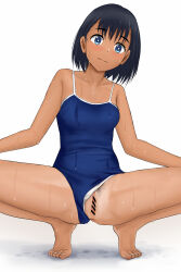 Rule 34 | 1girl, absurdres, bar censor, black hair, black pubic hair, blue eyes, blue one-piece swimsuit, blush, breasts, censored, closed mouth, clothes pull, clothing aside, competition school swimsuit, dark-skinned female, dark skin, female pubic hair, highres, kofune mio, looking at viewer, one-piece swimsuit, one-piece swimsuit pull, pubic hair, pussy, school swimsuit, short hair, simple background, small breasts, solo, spread legs, squatting, summertime render, swimsuit, swimsuit aside, tan, tanline, wet, white background, yenn8
