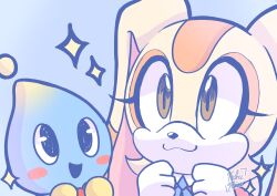 Rule 34 | 1girl, :3, absurdres, animal ears, animal nose, blue ribbon, blue skin, blush stickers, bow, bowtie, brown eyes, cheese (sonic), clenched hands, collared dress, colored skin, commentary, cream the rabbit, dress, english commentary, faburin, gloves, highres, blue background, long eyelashes, neck ribbon, rabbit ears, rabbit girl, red bow, red bowtie, red dress, ribbon, smile, sonic (series), sparkle, very long ears, white gloves, yellow fur