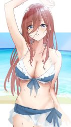 Rule 34 | 1girl, absurdres, armpits, arms up, beach, bikini, bikini under clothes, blue eyes, breasts, cleavage, collarbone, commentary, go-toubun no hanayome, hair between eyes, highres, large breasts, laudayon, long hair, looking at viewer, nakano miku, navel, open mouth, red hair, see-through, see-through skirt, skirt, solo, sweat, sweatdrop, swimsuit, unfinished