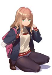 Rule 34 | 1girl, bag, black jacket, black pantyhose, brown footwear, brown hair, collared shirt, expressionless, fangdan runiu, full body, green eyes, grey skirt, gridman universe, holding, jacket, kneeling, loafers, long hair, long sleeves, looking at viewer, minami yume, miniskirt, on one knee, open mouth, pantyhose, pink bag, pleated skirt, school bag, school uniform, shirt, shoes, simple background, skirt, solo, ssss.dynazenon, straight hair, thighs, white background, white shirt, wing collar