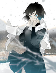Rule 34 | 1girl, black hair, black shirt, black skirt, blue eyes, cowboy shot, hands on own face, hands up, long sleeves, looking at viewer, lowe (slow), original, pleated skirt, scarf, shirt, short hair, skirt, solo, standing, white scarf, wind, wind lift