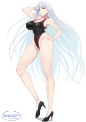 Rule 34 | 1girl, absurdres, alternate costume, bare arms, bare shoulders, black footwear, black one-piece swimsuit, breasts, cleavage, competition swimsuit, full body, hand on own hip, high heels, highleg, highleg swimsuit, highres, large breasts, legs, long hair, long legs, mi mi ham, one-piece swimsuit, red eyes, selvaria bles, senjou no valkyria, senjou no valkyria (series), senjou no valkyria 1, shoes, silver hair, simple background, solo, swimsuit, thighs, twitter username, very long hair, white background