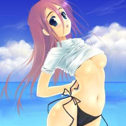Rule 34 | 1girl, arched back, bikini, bikini bottom only, black bikini, blouse, blue eyes, blush, breasts, clothes lift, cloud, day, large breasts, long hair, navel, ocean, open mouth, outdoors, pink hair, purple hair, shirt, shirt lift, side-tie bikini bottom, sky, solo, swimsuit, touto seiro, underboob, white shirt