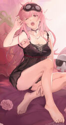 Rule 34 | 1girl, absurdres, bare shoulders, barefoot, black choker, black nightgown, blush, breasts, choker, cleavage, collarbone, highres, hololive, hololive english, large breasts, long hair, looking at viewer, messy hair, mori calliope, mori calliope (sleepwear), nightgown, official alternate costume, open mouth, pink hair, red eyes, saliva, sitting, sleep mask, solo, tsuiru, virtual youtuber, yawning