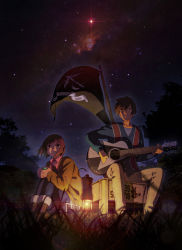 Rule 34 | 1boy, 1girl, acoustic guitar, blurry, depth of field, flag, glint, guitar, hair between eyes, highres, instrument, interlocked fingers, night, original, outdoors, own hands together, shiwasu takashi, sitting, sky, star (sky), starry sky, the pillows