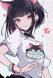 Rule 34 | animal ears, black choker, black hair, black mask, blue archive, cat ears, choker, earrings, extra ears, fang, grin, haku (yanhaku), halo, highres, jewelry, kazusa (band) (blue archive), kazusa (blue archive), light blush, logo, looking at viewer, mask, mask pull, mouth mask, multicolored hair, official alternate costume, parted lips, pink eyes, pink hair, pink halo, shirt, short hair, skin fang, smile, t-shirt, two-tone hair, upper body, white shirt, wristband