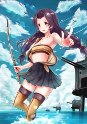 Rule 34 | 10s, 1girl, aircraft, airplane, bandeau, black hair, blouse, blue sky, bow (weapon), brown eyes, brown thighhighs, cloud, day, hair ribbon, japanese clothes, kantai collection, long hair, nishiura gin, ocean, open mouth, partially submerged, pleated skirt, ribbon, shirt, shouhou (kancolle), skirt, sky, thighhighs, twintails, v, water, weapon