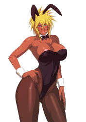 Rule 34 | 1girl, alternate costume, animal ears, areola slip, arm at side, bare arms, bare shoulders, black bow, black bowtie, black leotard, bleach, blonde hair, blush, bowtie, breasts, brown pantyhose, cleavage, closed mouth, collarbone, covered navel, dark-skinned female, dark skin, detached collar, embarrassed, facial mark, fake animal ears, female focus, green eyes, hair between eyes, half-closed eyes, hand on own hip, hand on own thigh, highleg, highleg leotard, highres, large breasts, leotard, lime (purple haze), looking at viewer, nipple slip, nipples, pantyhose, playboy bunny, rabbit ears, short hair, simple background, smile, solo, standing, strapless, strapless leotard, thick thighs, thighs, tier harribel, white background, wide hips, wrist cuffs
