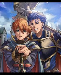 Rule 34 | 2boys, :d, armor, axe, battle axe, black armor, blue cape, blue eyes, blue hair, building, cape, clenched teeth, day, eliwood (fire emblem), fangs, fire emblem, fire emblem: the blazing blade, friends, hair between eyes, hand on another&#039;s shoulder, hands together, hector (fire emblem), highres, holding, holding axe, holding sword, holding weapon, kometubu0712, long sleeves, looking at viewer, male focus, matching hair/eyes, multiple boys, neck, nintendo, open mouth, outdoors, red hair, short hair, sky, smile, standing, sword, teeth, tiara, turtleneck, upper body, weapon