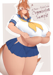 Rule 34 | 1girl, angry, animal ears, breasts, brown eyes, brown hair, commission, curvy, female focus, gigantic breasts, hair between eyes, half-closed eyes, japanese wolf (kemono friends), kemono friends, long hair, looking at viewer, midriff, miniskirt, navel, school uniform, serafuku, shirt, skirt, solo, standing, tail, thick thighs, thighs, underboob, white shirt, wide hips, wolf ears, wolf girl, wolf tail, yasume (cheap melon soda)