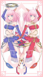 Rule 34 | 2girls, absurdres, animal ears, anklet, arm up, armpits, blue eyes, bridal gauntlets, cat ears, cat tail, chakram, choker, dancer (final fantasy), dancing, detached sleeves, facial mark, feathers, final fantasy, final fantasy xiv, heterochromia, high heels, highres, jewelry, looking at viewer, midriff, miqo&#039;te, multiple girls, navel, necklace, paw pose, pink eyes, pink hair, skirt, standing, standing on one leg, tail, warrior of light (ff14), weapon, yoruusagi