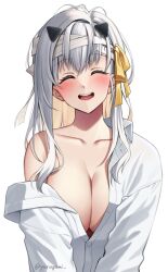 Rule 34 | 1girl, :d, bandaged head, bandages, blush, breasts, cleavage, closed eyes, goddess of victory: nikke, grey hair, hair ribbon, large breasts, looking at viewer, modernia (first affection) (nikke), modernia (nikke), off-shoulder shirt, off shoulder, official alternate costume, open mouth, ribbon, shirt, sidelocks, simple background, smile, solo, twitter username, upper body, white background, white shirt, yellow ribbon, yorugami rei