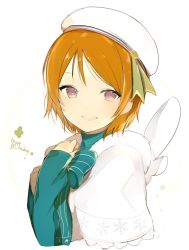 Rule 34 | 10s, 1girl, :d, bad id, bad tumblr id, beret, blue bow, blue bowtie, blush, bow, bowtie, capelet, green ribbon, hand on own chest, happy birthday, hat, hat ribbon, koizumi hanayo, long sleeves, looking at viewer, love live!, love live! school idol festival, love live! school idol project, lpip, open mouth, orange hair, purple eyes, ribbon, short hair, simple background, smile, solo, teeth, upper body, white background, white hat
