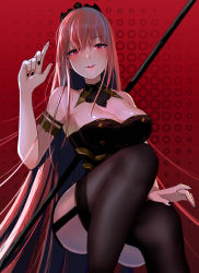 Rule 34 | 1girl, armlet, black nails, black thighhighs, blush, breasts, bustier, cleavage, corset, cortset, crown, detached collar, fingerless gloves, garter straps, gloves, hand up, highres, hololive, hololive english, invisible chair, large breasts, legs, lessone, lips, long hair, looking at viewer, mori calliope, nail polish, no veil, parted lips, red background, red eyes, red hair, sitting, solo, thighhighs, thighs, very long hair, virtual youtuber, weapon, weapon on back
