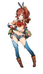 Rule 34 | 1girl, ataruman, bag, blue eyes, boots, brown hair, clenched hand, cowboy boots, duffel bag, formation girls, full body, gloves, goggles, hand on own hip, highres, kobayakawa karin, long hair, looking at viewer, midriff, navel, official art, short shorts, shorts, side ponytail, smile, solo, transparent background