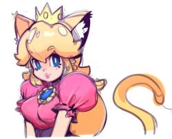 Rule 34 | 1girl, animal ears, blonde hair, blue eyes, breasts, cat ears, cat tail, colorized, crown, dress, gown, kemonomimi mode, lips, lipstick, long hair, makeup, mario (series), nintendo, pink dress, princess peach, puckered lips, puffy short sleeves, puffy sleeves, sho-n-d, short sleeves, solo, tail, upper body, v arms, yellow dress