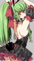 Rule 34 | 1girl, animal ears, backless dress, backless outfit, bare back, black dress, blush, breasts, c.c., code geass, creayus, dress, fake animal ears, fake tail, green hair, hairband, highres, long hair, looking at viewer, looking back, medium breasts, rabbit ears, rabbit tail, sideboob, simple background, solo, solo focus, tail, thighs, yellow eyes
