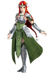 Rule 34 | 1girl, 3d, freckles, gauntlets, green eyes, highres, hyrule warriors, nintendo, official art, pointy ears, ponytail, princess zelda, red hair, simple background, solo, the legend of zelda, third-party edit