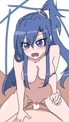 Rule 34 | 1boy, 1girl, artist request, blue eyes, blue hair, blush, breasts, censored, covered erect nipples, cowgirl position, girl on top, hetero, highres, kazanari tsubasa, looking at viewer, nude, open mouth, ponytail, pov, senki zesshou symphogear, sex, simple background, solo focus, straddling
