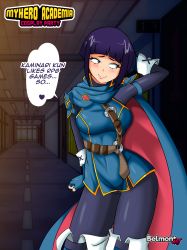 Rule 34 | 1girl, absurdres, arms behind head, artist name, belmont, blunt bangs, blush, bodystocking, boku no hero academia, boots, breasts, cape, copyright name, cosplay, english text, fingerless gloves, fire emblem, gloves, heart, highres, jirou kyouka, large breasts, lucina (fire emblem), lucina (fire emblem) (cosplay), nintendo, purple eyes, purple hair, short hair, smile, solo, speech bubble, thigh boots, thighhighs, thighs