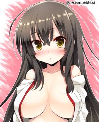 Rule 34 | 10s, 1girl, akagi (kancolle), breasts, brown eyes, brown hair, chestnut mouth, female focus, inuzumi masaki, japanese clothes, kantai collection, large breasts, long hair, looking at viewer, open clothes, open mouth, open shirt, shirt, solo