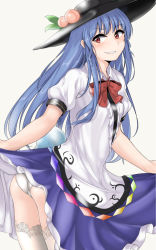 Rule 34 | 1girl, bad anatomy, bad proportions, black hat, blue hair, blue skirt, breasts, clothes lift, food, fruit, hat, hinanawi tenshi, long hair, looking at viewer, momo retasu, panties, parted lips, peach, poorly drawn, puffy short sleeves, puffy sleeves, red eyes, shirt, short sleeves, skirt, skirt lift, small breasts, solo, thighhighs, touhou, underwear, very long hair, white panties, white shirt