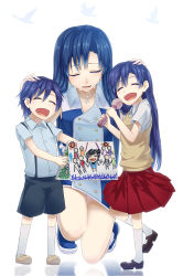 Rule 34 | 1boy, 2girls, aged down, blue hair, brother and sister, child, child&#039;s drawing, closed eyes, din (flypaper), drawing, dual persona, hand on another&#039;s head, idolmaster, idolmaster (classic), kisaragi chihaya, kisaragi yuu, kisaragi yuu (idolmaster), long hair, microphone, multiple girls, on one knee, open mouth, short hair, siblings, smile, squatting, tears